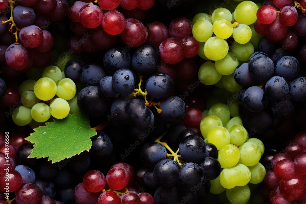 Close up of fresh red, green, black grapes , top view, seamless pattern. Generative Ai
