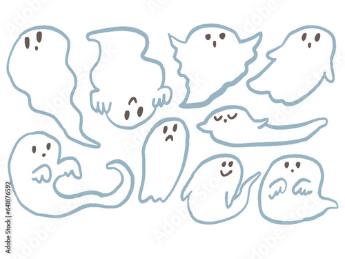 シンプルなおばけの手描き風かわいいイラストセット	