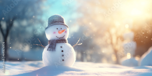 Snowman in winter sunshine on bokeh background. Christmas and New Year concept. © Marc Andreu