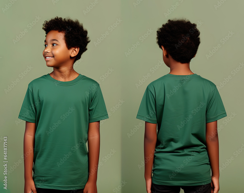 Front and back views of a little boy wearing a green T-shirt