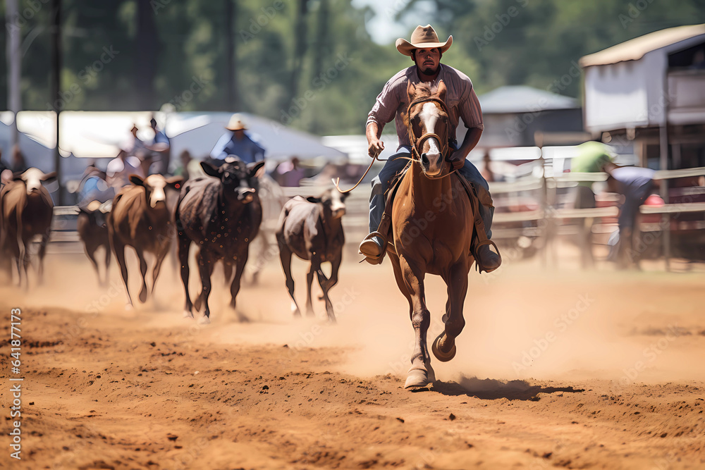cowboy in corral riding horse with cows daytime cowboy in corral riding horse with cows daytime