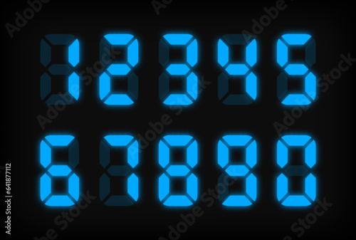 Blue digital numbers on light background. Electronic figures. Light green Digital LED numbers. Vector typography