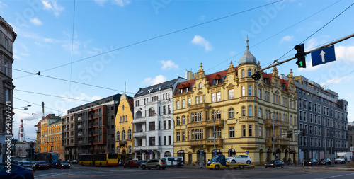 View of central streets and architecture of Polish city of Wroclaw in spring day.