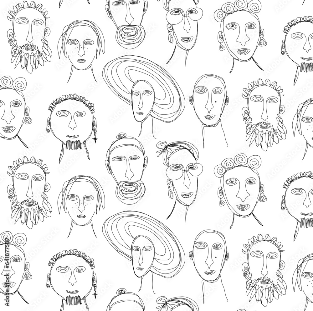 Seamless vector pattern of diverse doodle human faces outlines on white backdrop. Casually drawn society male and female heads line art. Conceptual stencil drawing of people's individuality and style.