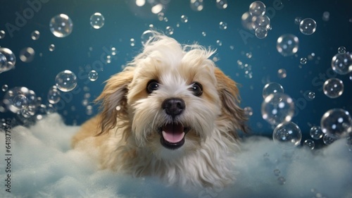 Maltese dog having a bubble bath