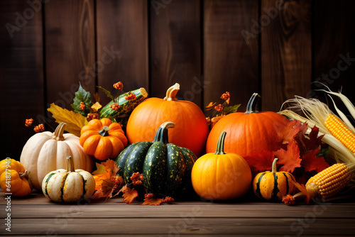 Large Collection of Different Pumpkin Varieties in Rustic Setting for Fall and Thanksgiving. High quality photo