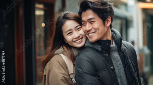 Happy Asian couple hugging while traveling in winter.