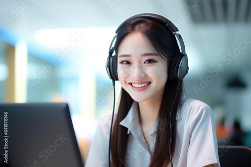 Asian call center team, customer service, telesales in formal suit wearing headset or headphone talking with customer in modern office
