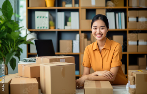 a beautiful woman holding a cardboard box while standing in front of her computer laptop at the cluttered working desk.