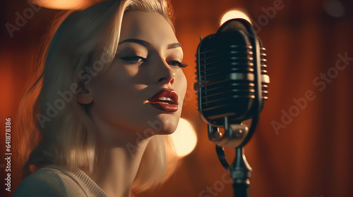 A young beautiful blonde woman with red lips sings into a retro microphone. Vintage pin up style. 