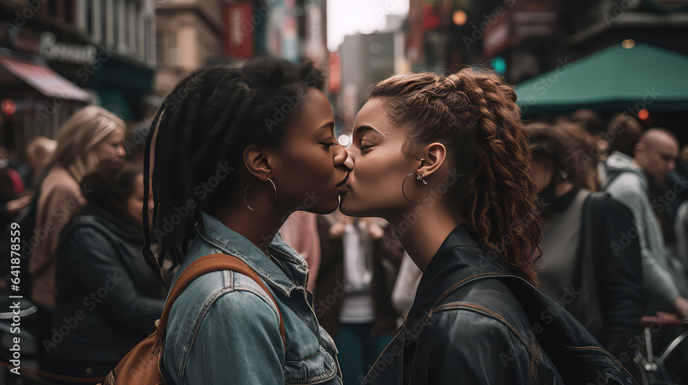 Portrait of two young lesbian girls kissing on the lips. Cute girls couple in love on the background of busy street. 