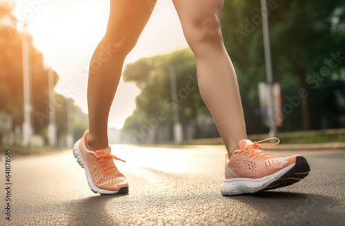 woman wearing sports shoes on the street running, feet running on road closeup on shoe,Sports healthy lifestyle concept