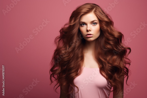 Fashion style portrait of young happy smiling woman,woman with long wavy hair standing against pink background.