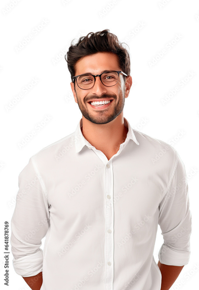 Cheerful man casual portrait wearing eyeglasses and white shirt posing on white transparent background Cheerful man casual portrait wearing eyeglasses and white shirt posing on white transparent background