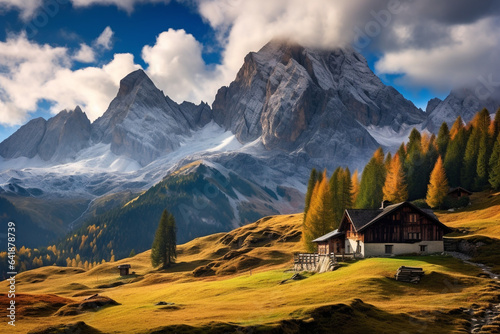alpine village on the hill and snowy mountains in Background and the alpine meadow and pasture from the three stage alpine farming. There are old barns at the edge of forest and in the meadow. High