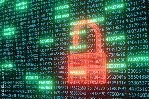 Open red padlock in wireframe style in front of a wall of blue numerical digits having some highlighted in green. Illustration of computer networking security and data protection from hackers