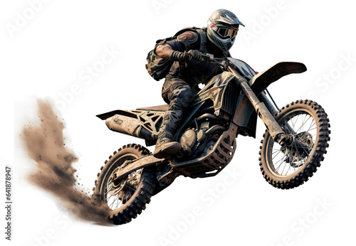 Professional bike rider jumping on the air on white transparent background
