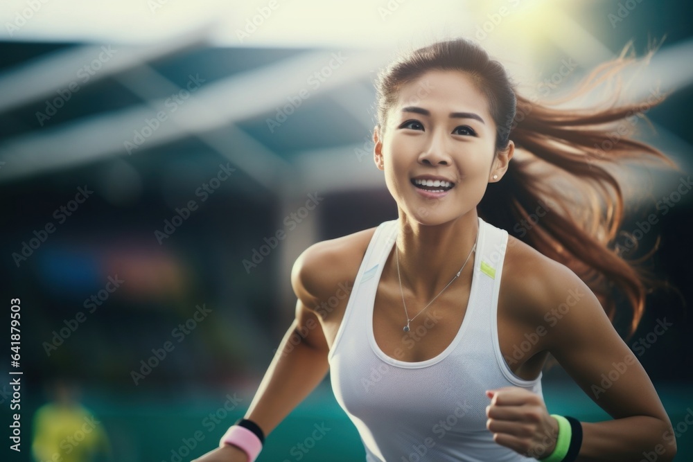 A detailed capture of a Southeast Asian female tennis athlete a blurred tennis court in the background.