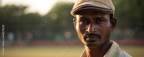 An Indian male cricket athlete his face sharp and clear while the cricket ground in the background is framed in a soft blur.