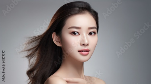 Asian Chinese woman face with smooth health skin for advertising design. Korean or Japanese Beautiful aging young looking woman, beauty health skincare - generative AI, fiction Person