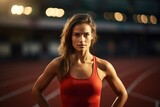 A slender Caucasian female athlete standing still with an unwavering gaze against a blurred track and field scene.