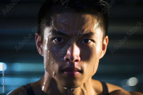 Handsome Asian male swimmer in an Olympicstandard pool his body motionless as he prepares to make a dive. Outoffocus lights and splash from the pool can be seen in the background.