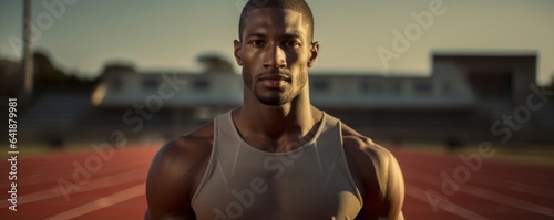 A muscular African American male athlete standing still with a steady concentration against a smudged track and field background.