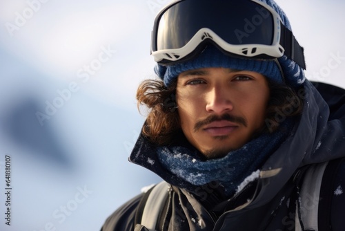 A Hispanic male snowboarder with a determined stare standing still in a closeup portrait against a defocused background of white and dark blue peaks. © Justlight