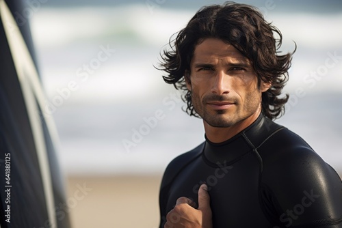 An Hispanic male surfer with arms crossed wearing wetsuit standing still against a blurred beach playing environment.