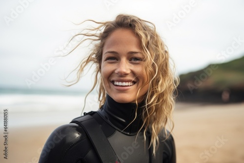A shot of a smiling Caucasian female surfer in a wetsuit standing still with a blurred beach filled with surfers and the ocean in the background.