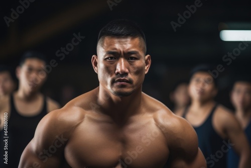 An Asian male wrestler confidently staring the camera down his muscles and stance highlighted against a backdrop of blurred spectators.