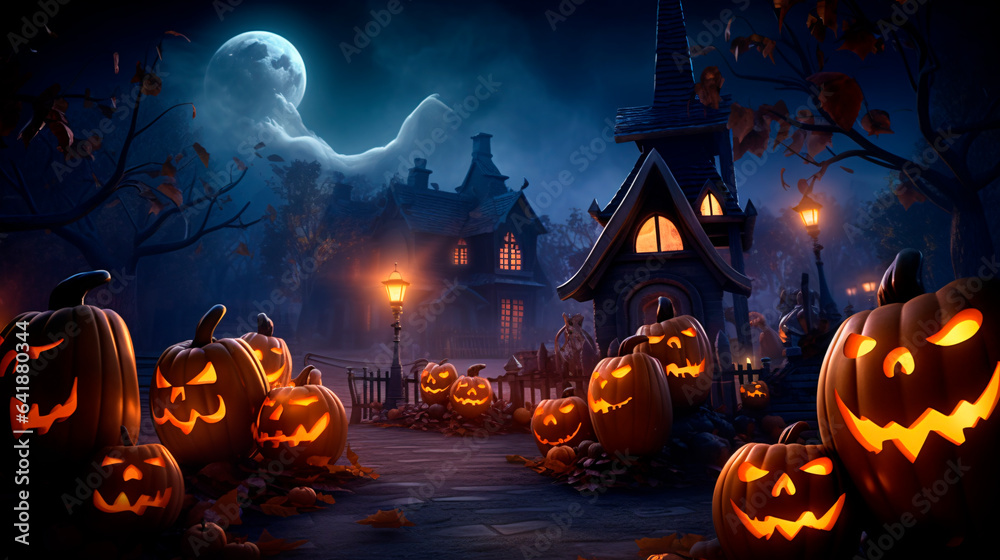 Halloween backgrounds in a fun cartoon style. Halloween wallpaper with pumpkins, spooky houses and ghosts. Generative AI Halloween backgrounds in a fun cartoon style. Halloween wallpaper with pumpkins, spooky houses and ghosts. Generative AI