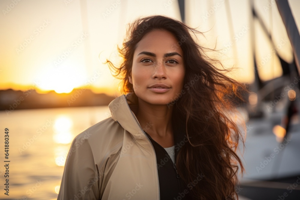 A Latinx female athlete with a determined gaze her sailboat in the background the light of the setting sun highlighting her face.
