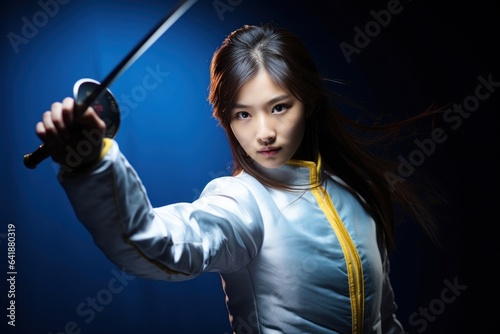 An Asian female fencer wearing a black fencing uniform with her weapon in a perfect pose against a defocused background of blue and yellow fencing mats.