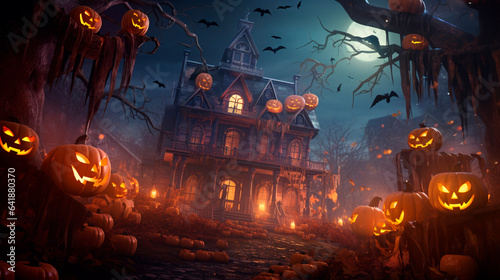 Halloween backgrounds in a fun cartoon style. Halloween wallpaper with pumpkins, spooky houses and ghosts. Generative AI