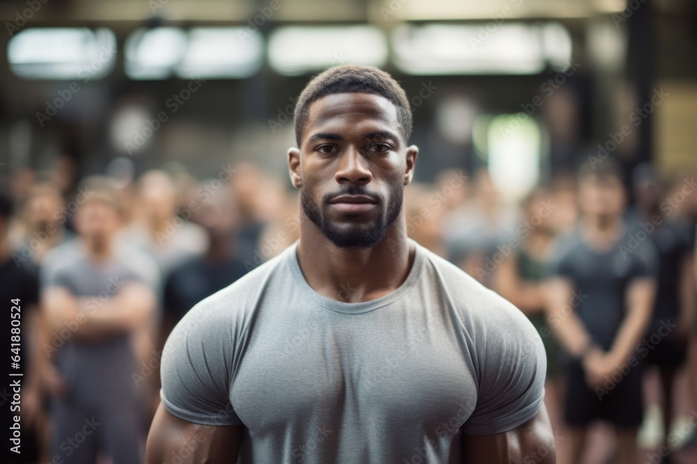 A black man stands still for a closeup portrait with a crossfit class being held in the background slightly out of focus. A black man stands still for a closeup portrait with a crossfit class being held in the background slightly out of focus.