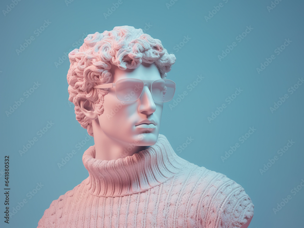 Ancient bust of man in knitted sweater and sunglasses.	
