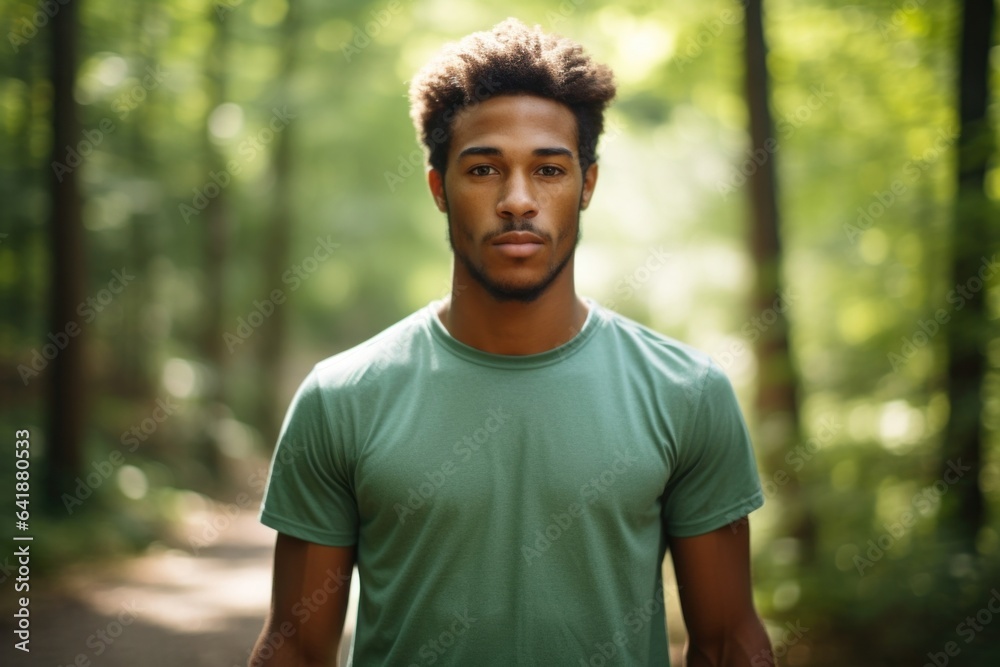 A young African American male standing still wearing a green and white cross country running tshirt and shorts with a defocused background of a winding trail trees and distant A young African American male standing still wearing a green and white cross country running tshirt and shorts with a defocused background of a winding trail trees and distant
