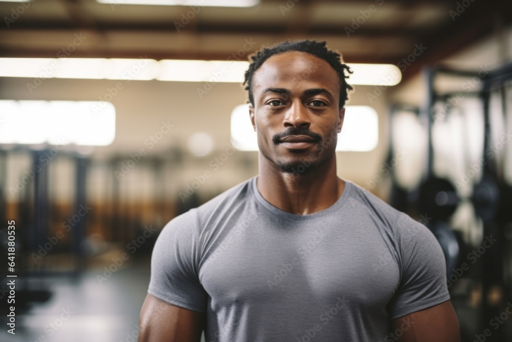 An African American man stands still for a closeup portrait against a crossfit gym with the equipment out of focus in the background. An African American man stands still for a closeup portrait against a crossfit gym with the equipment out of focus in the background.