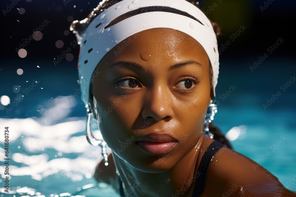 An African American female athlete wearing a water polo swim cap and goggles looks solemnly into