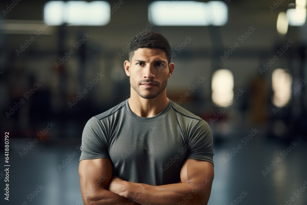 A tightly framed portrait of a Hispanic man in a low squatting position standing against a blurred sports backdrop.