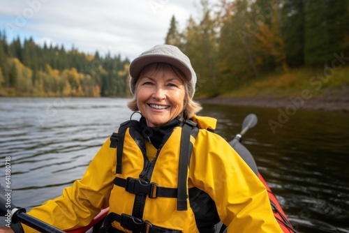 A middleaged Caucasian woman in a kayak with a dense forest in the backdrop. © Justlight