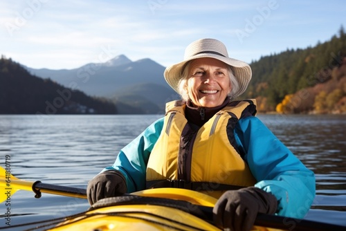 A mature Caucasian woman in a kayak with a mountain range behind her.