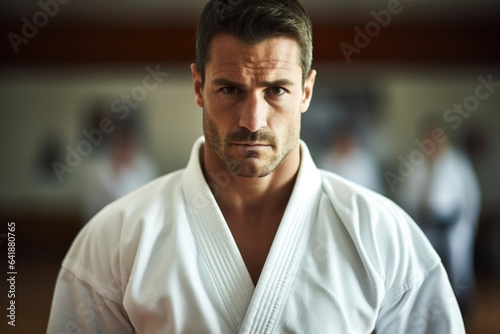 A white male judoka standing still their face in closeup their body out of focus against a judothemed setting.