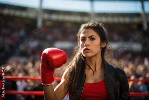 A focused portrait of an Hispanic female kickboxer her fists up in her fighting stance with a stadium crowd visible in the background.