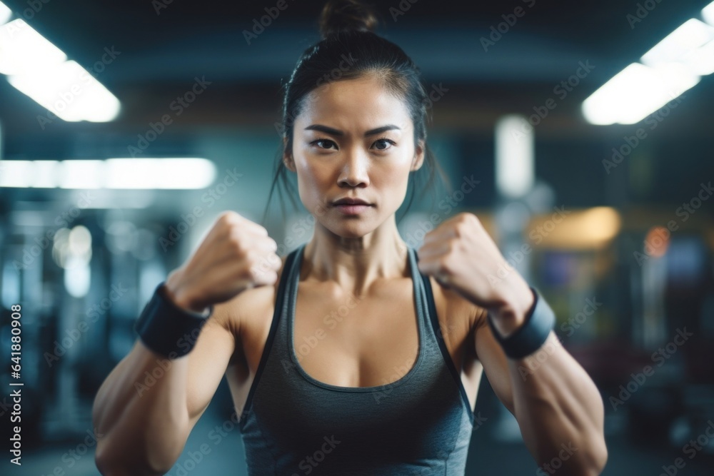 A toned and determined Asian woman with her arm raised up for an arm wrestle her face in an intense closeup with a defocused sport facility in the background.