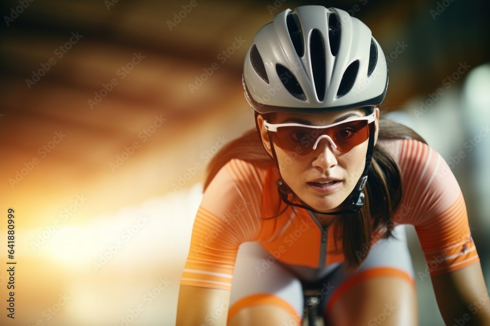 A Latina woman with a track cycling helmet and matching jacket standing still against a motion blurred sports scene. A Latina woman with a track cycling helmet and matching jacket standing still against a motion blurred sports scene.