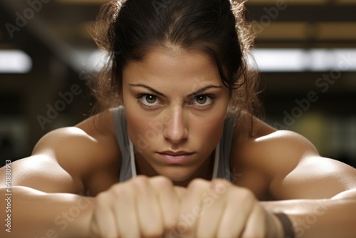 An athletic female of Hispanic descent in an arm wrestling pose her eyes focused off camera and her facial expression determined and intense with a softly unfocused sports center