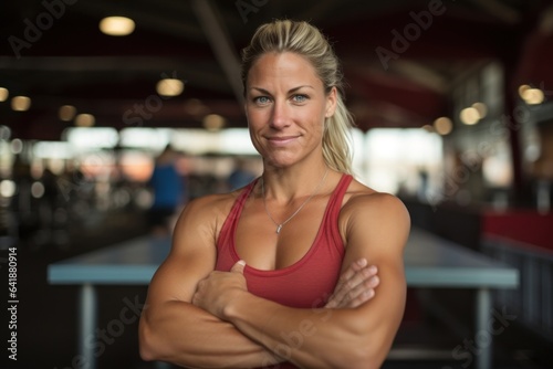 An athletic white woman with her arms crossed in front of her and her muscles visibly flexing as she gets ready to arm wrestle pointofview shot of her focus face and an outoffocus photo