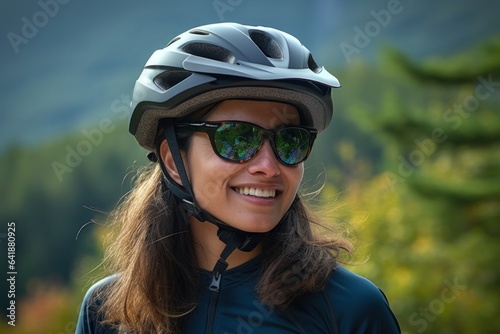 A Middle Eastern mountain biker with her helmet and sunglasses sily fixed in place stands in a stand still close up portrait against a distant backdrop of forest green mountains.